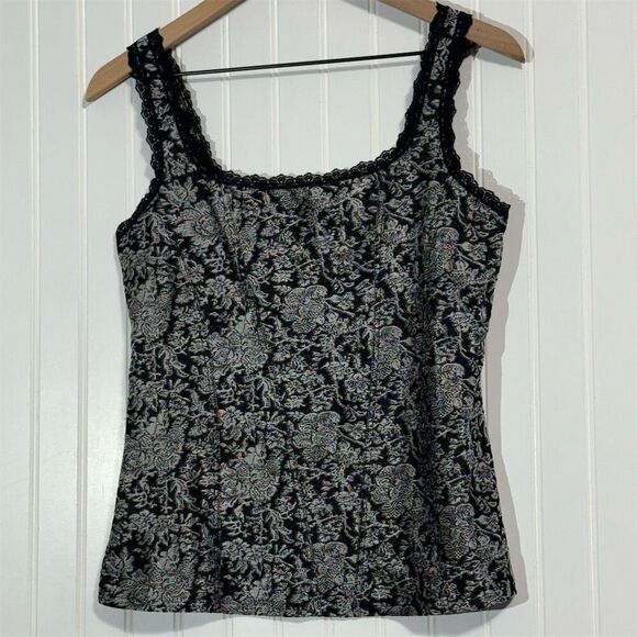 Cache Black Floral Jacquard Corset Tank Top L Lace Trim Y2K Whimsigoth VTG - Picture 4 of 9